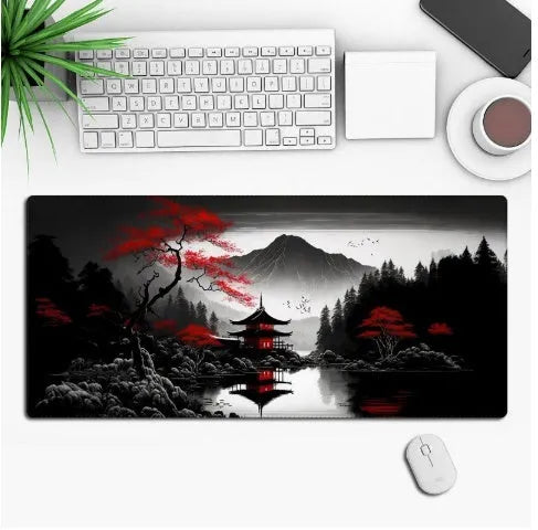 Anime-themed gaming mouse pad on a desk, showing non-slip rubber base and printed cloth surface.