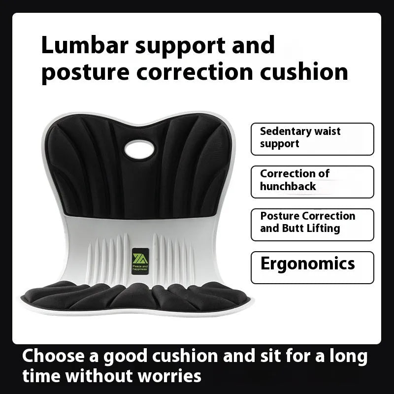 Gray ergonomic office seat cushion with integrated waist support design on wooden chair