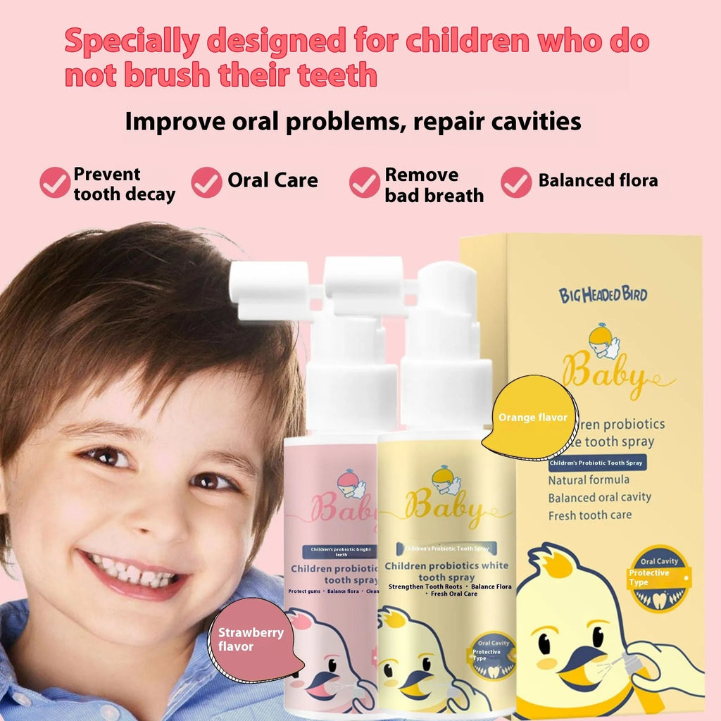 Children's probiotic anticavity teeth cleaning spray in 40ml bottle with strawberry and orange flavour options