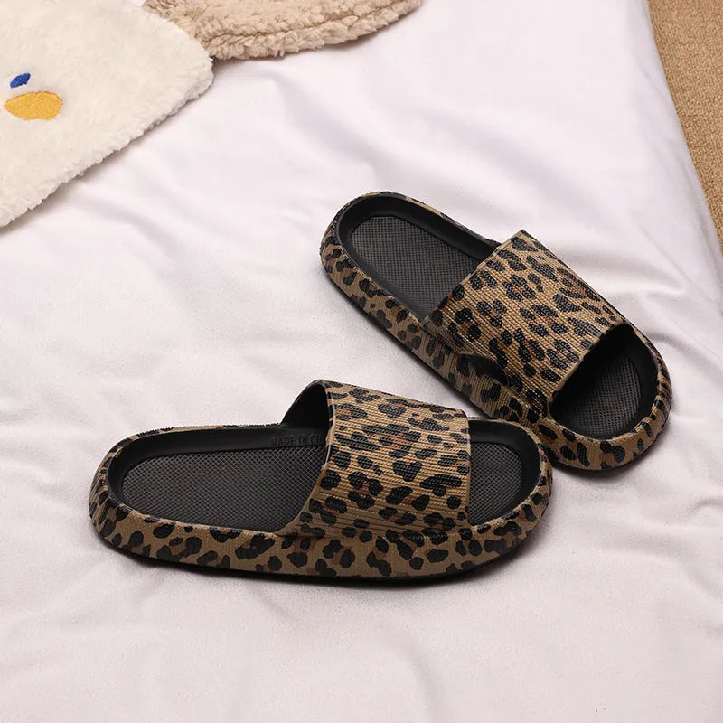 Women's leopard print EVA slippers with thick sole, shown in multiple colour variants.