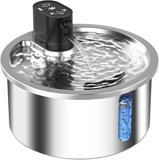 Stainless steel pet water fountain with heated base on a nine-gear setting.