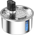 Stainless steel pet water fountain with heated base on a nine-gear setting.