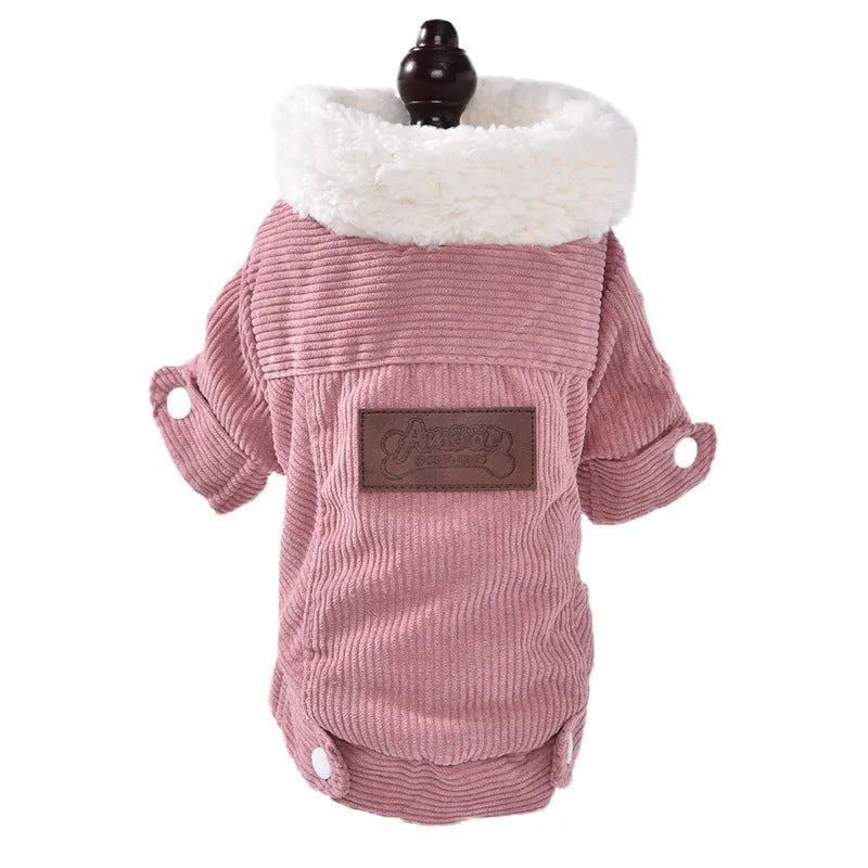 Lambswool grey padded dog vest with wool lining for winter wear, shown on a dog model.