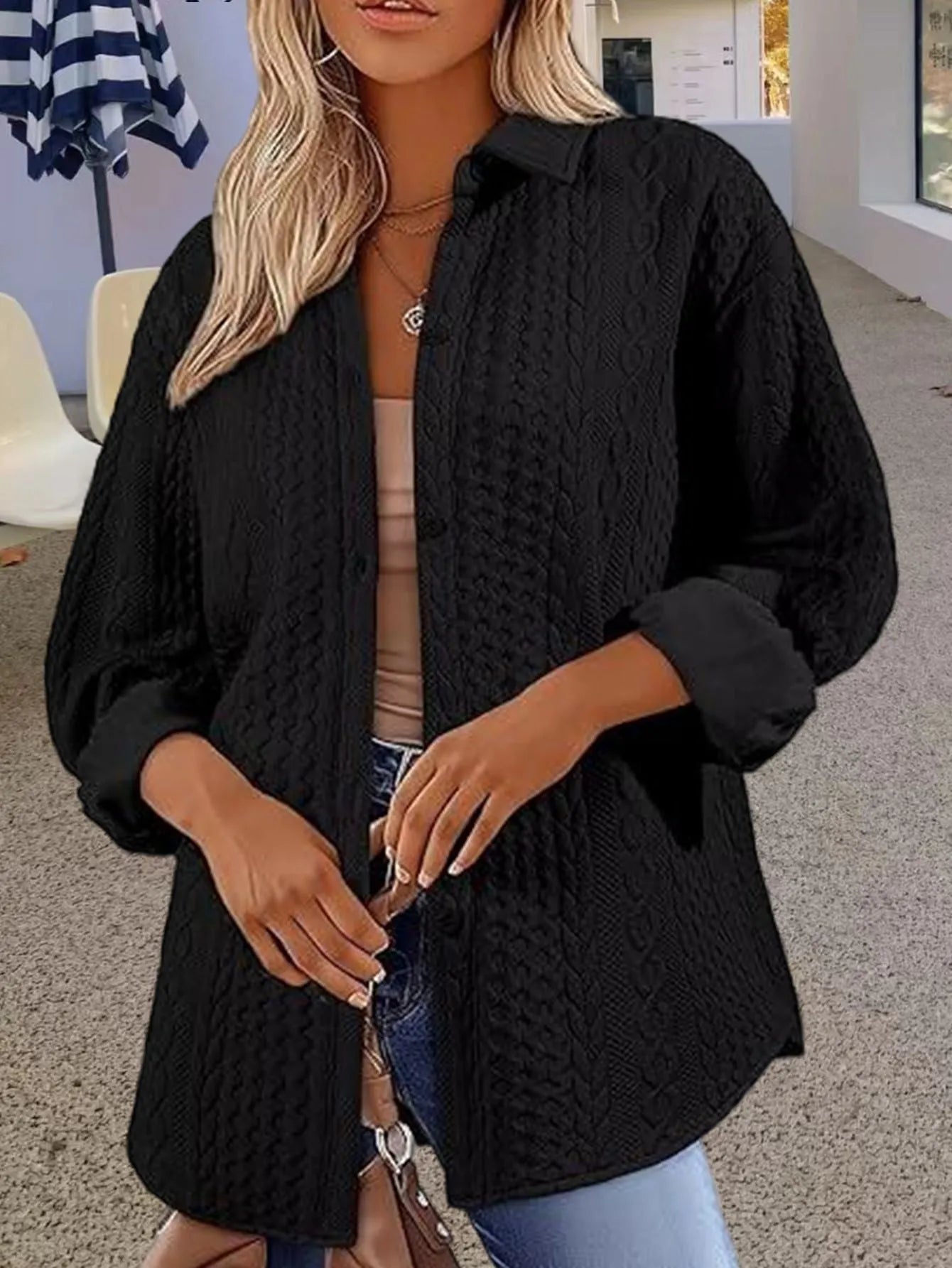 Women's solid colour knitted cardigan sweater with long sleeves in black, white, or khaki options