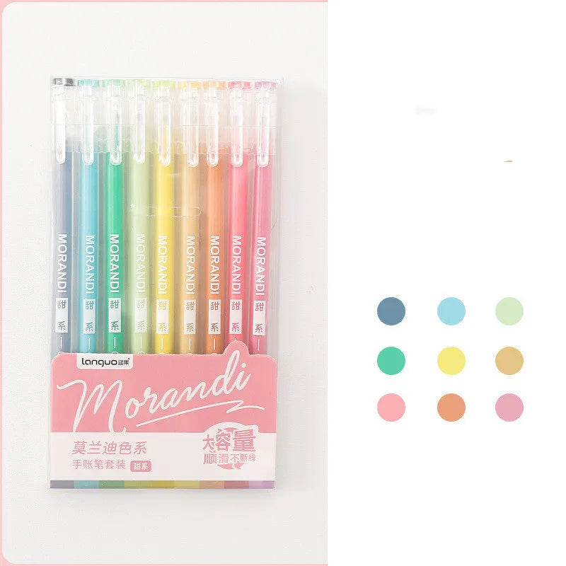 Set of nine Japanese-style colour gel pens with 0.5mm needle tips, showing retro and solid colour designs.