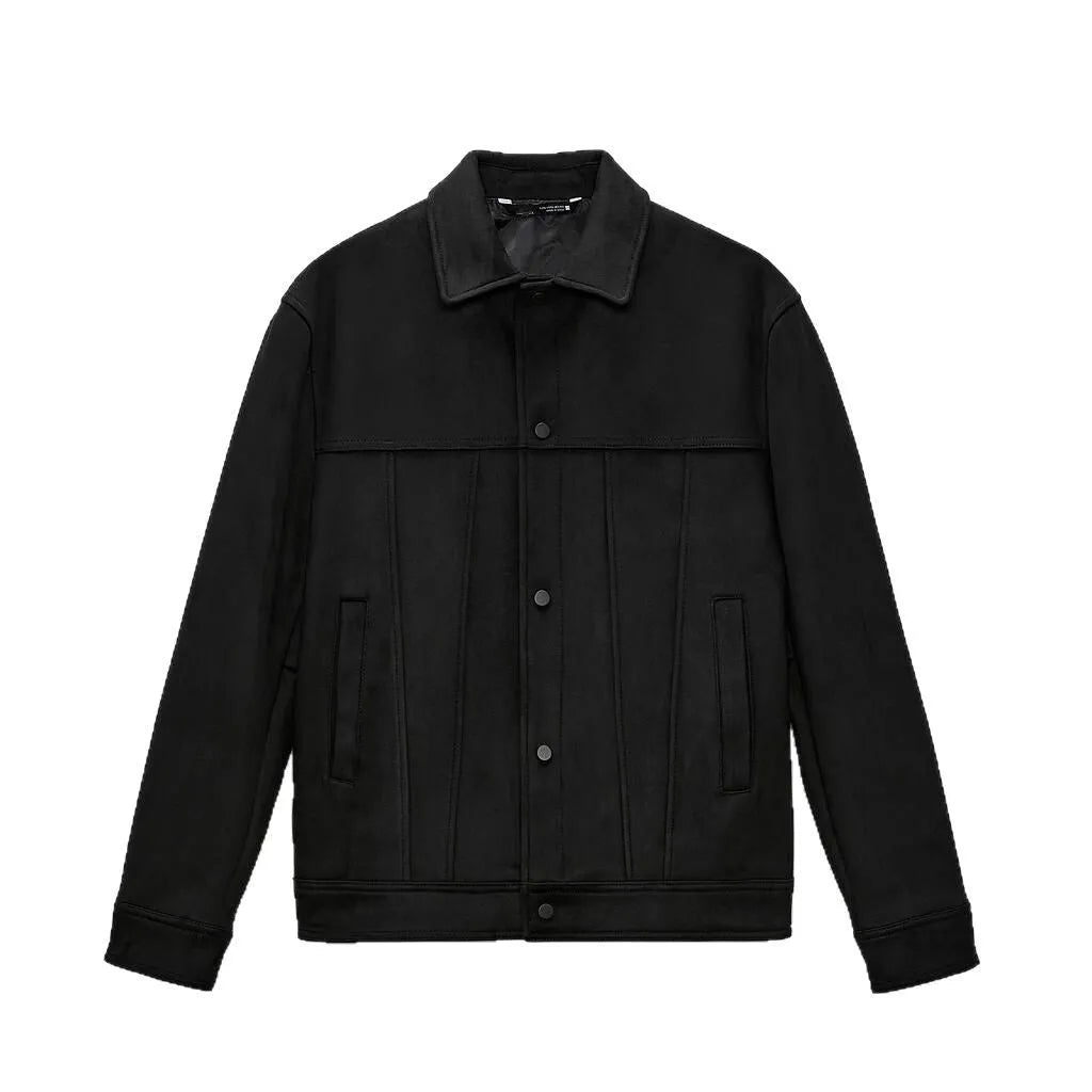 Black men's hooded jacket with a suede collar, side pockets, and a straight hem.