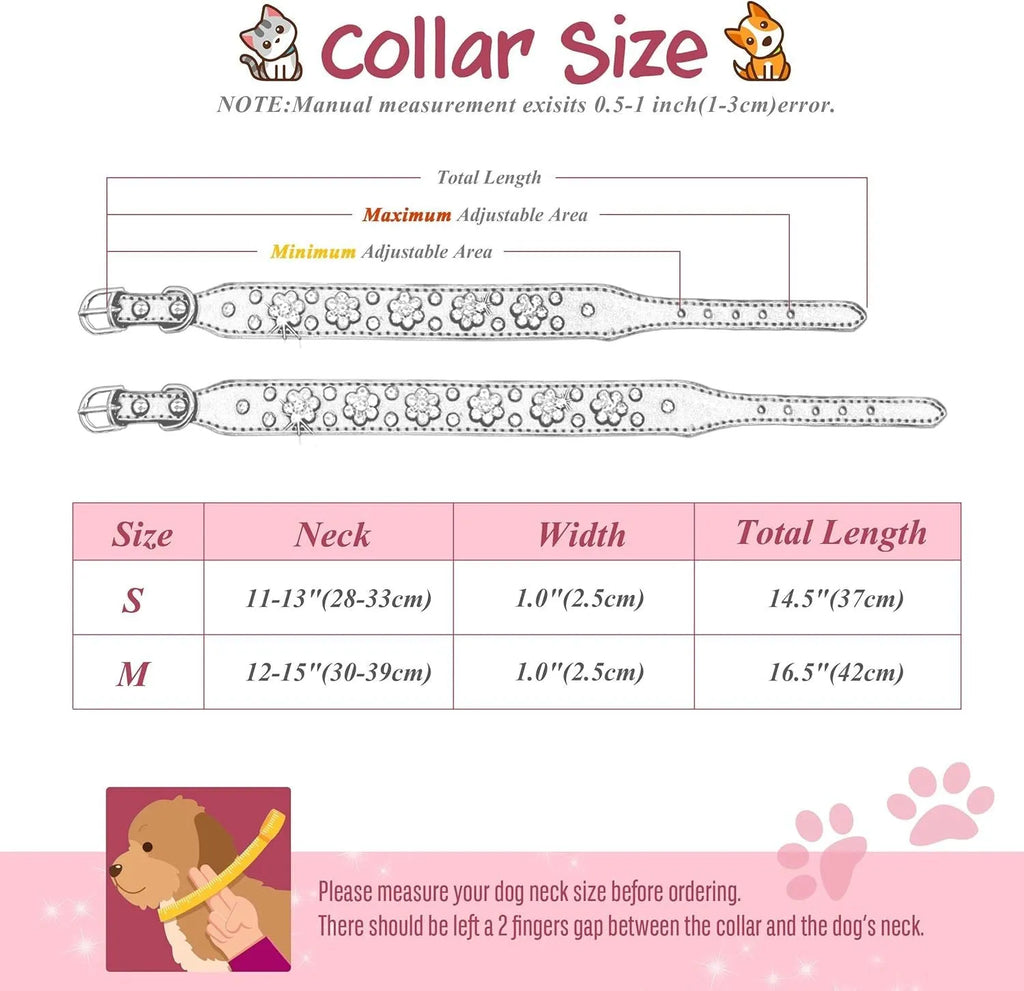Black PU leather dog collar with rhinestone flower pattern and metal studs for small dogs