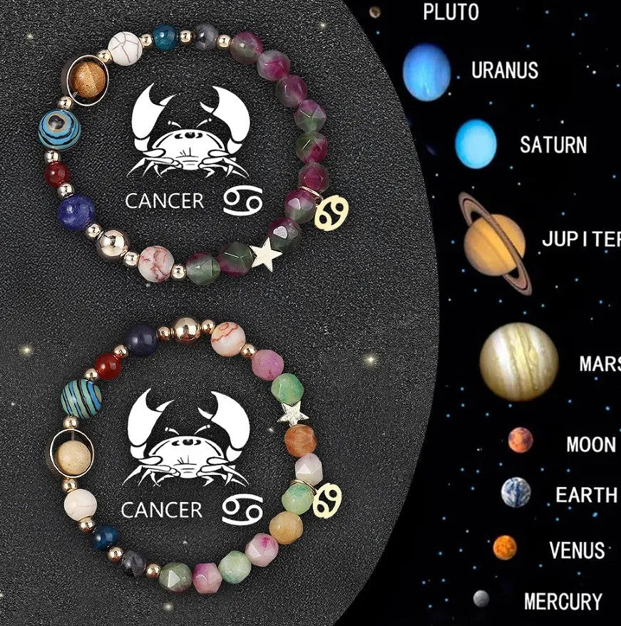 Set of twelve natural stone beaded bracelets, each representing a different zodiac sign.