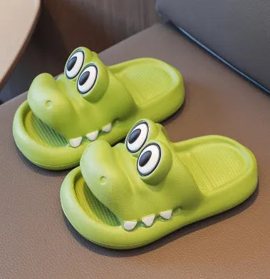 Pink and green animal print EVA platform sandals for adult and child, shown together.
