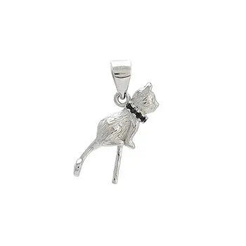 Close-up of a sterling silver cat silhouette pendant on a delicate silver chain.