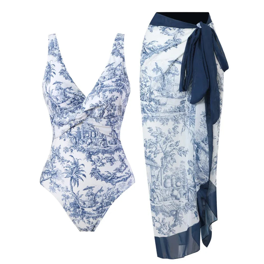 Women's vintage floral print one-piece swimsuit with short sleeves and conservative cut