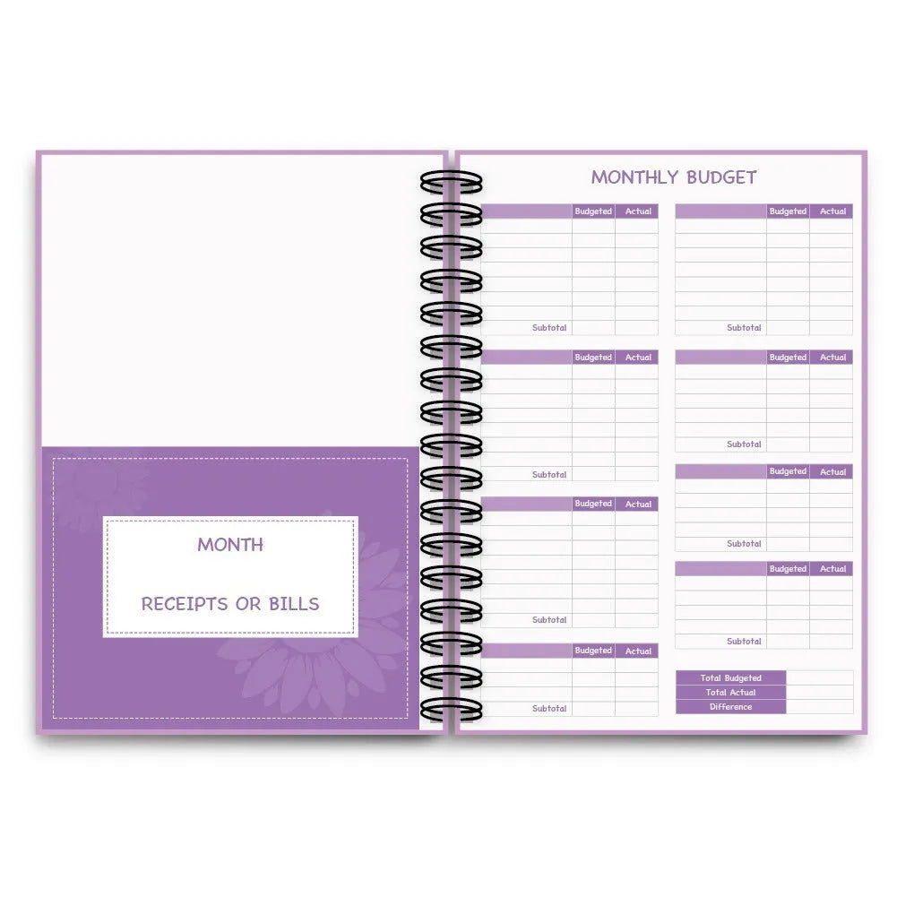 Purple coil-bound financial planning notebook with budget stickers and paper clips