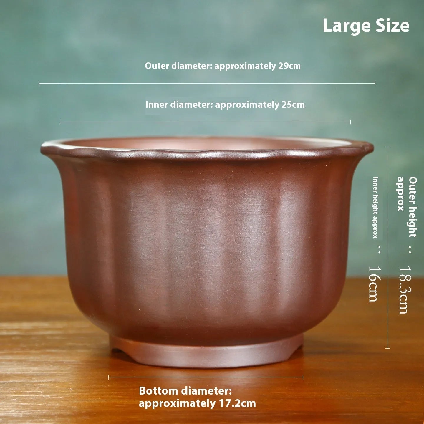 Large indoor ceramic flowerpot with antique carved flower design in purple sand clay