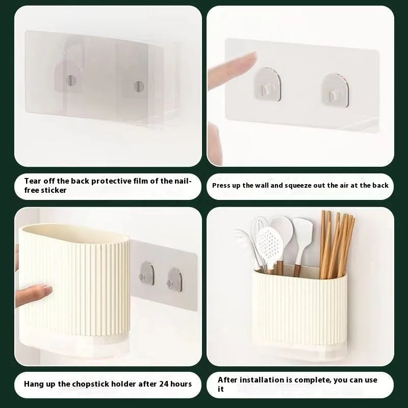 Plastic wall-mounted kitchen chopsticks basket with spoon holder and drain holes in beige colour