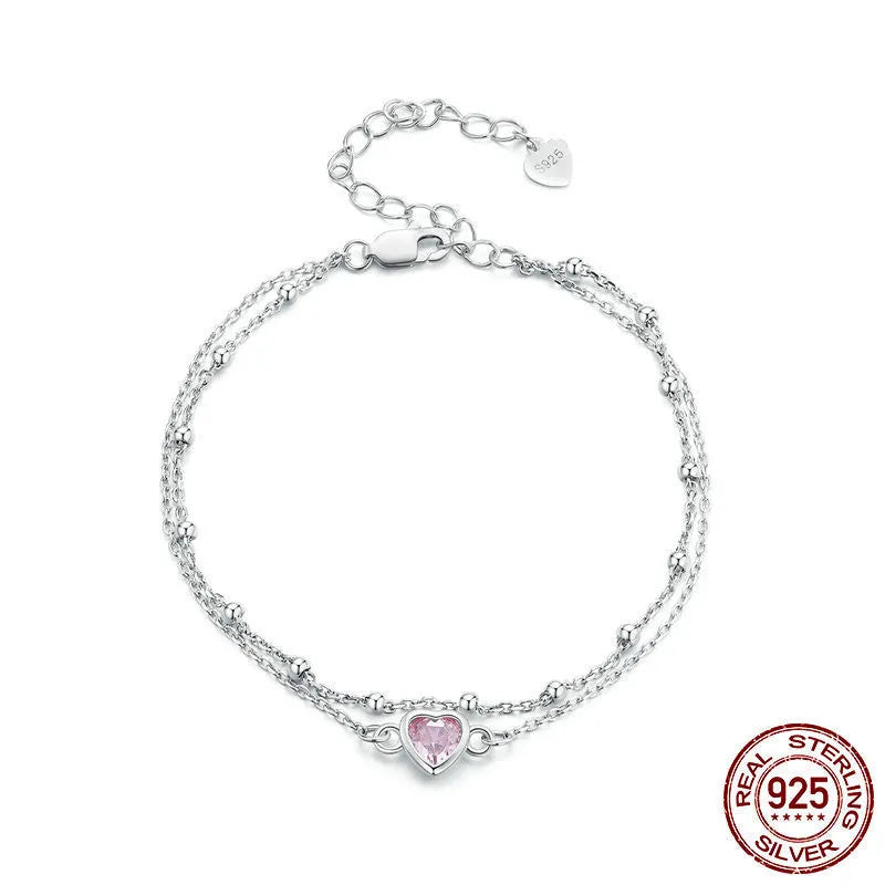 Sweet heart-shaped sterling silver 925 bracelet for women with 6mm pendant