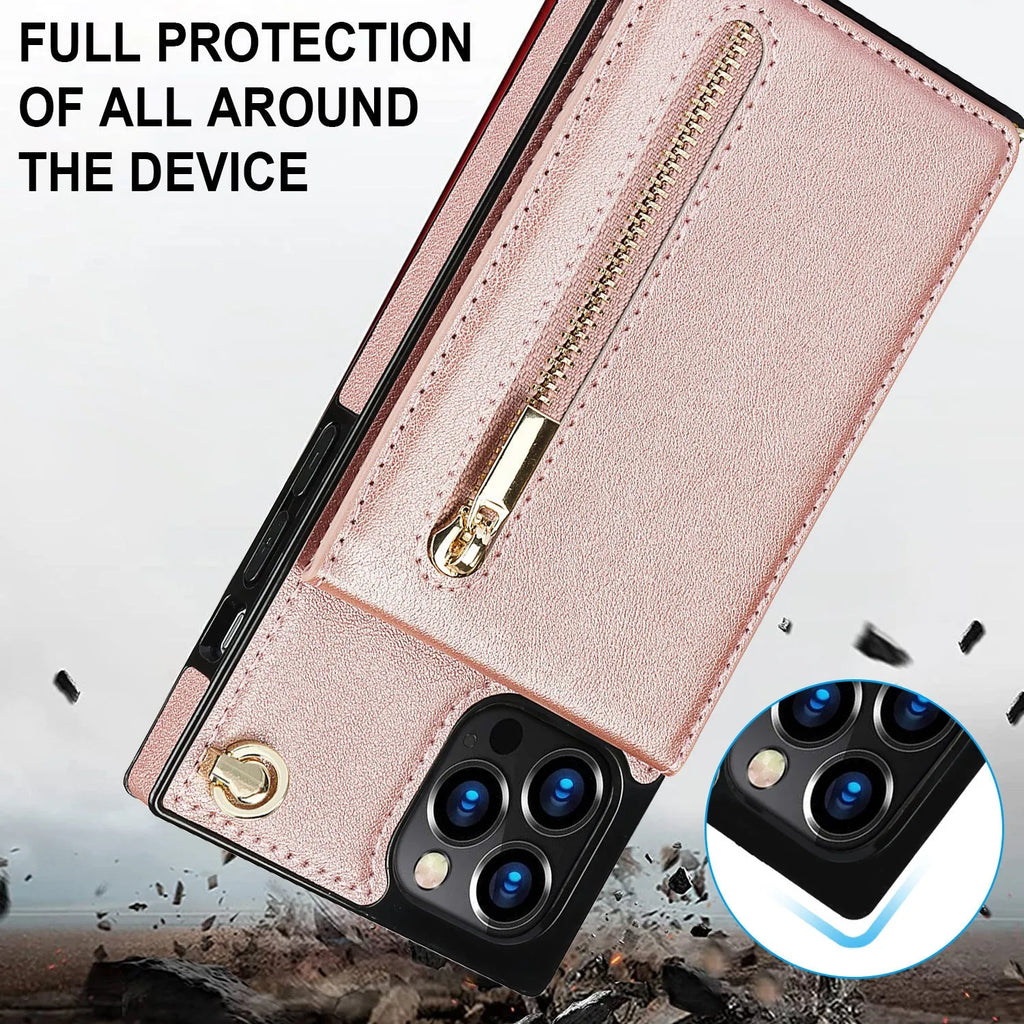 Black genuine leather and TPU protective case for a mobile phone on a table