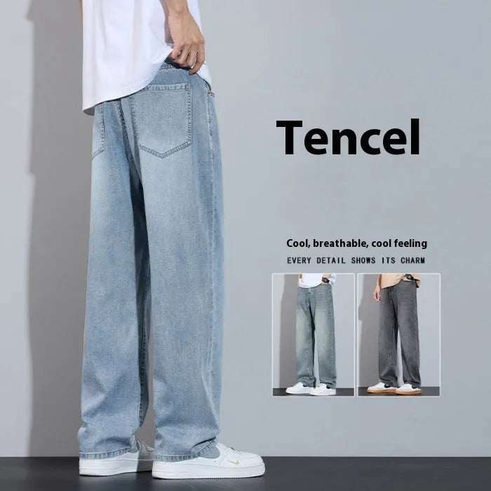 Ice silk denim wide-leg trousers straight casual style with zip placket fly opening