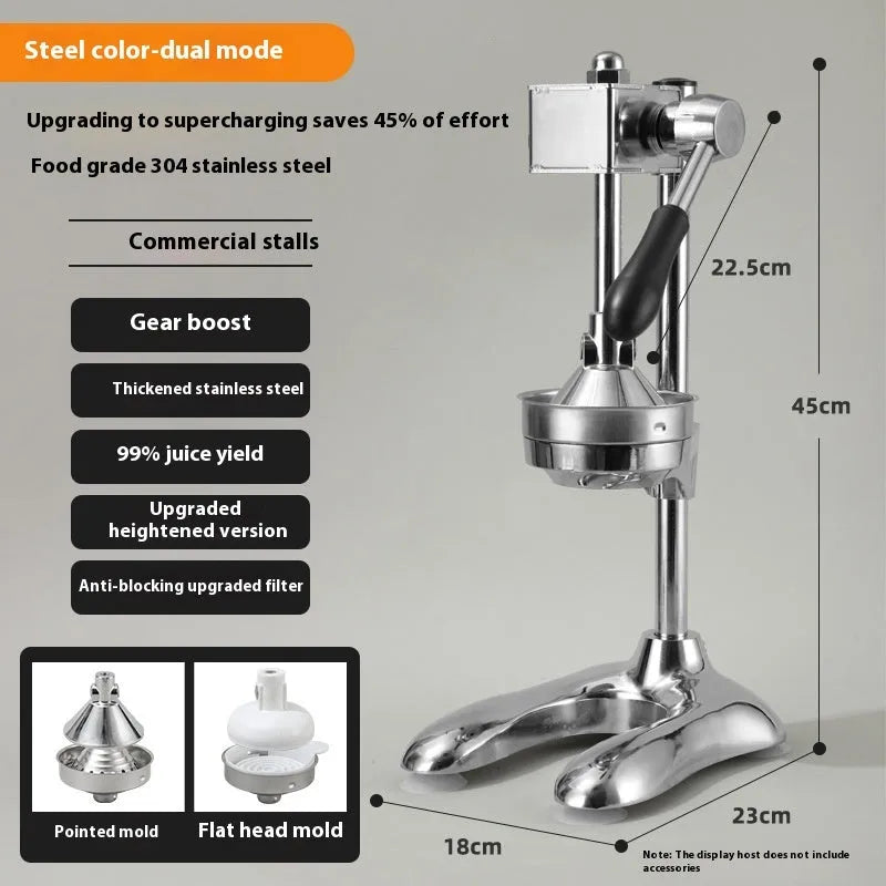 Vertical stainless steel manual juicer with multiple colour and tip options for household citrus juicing