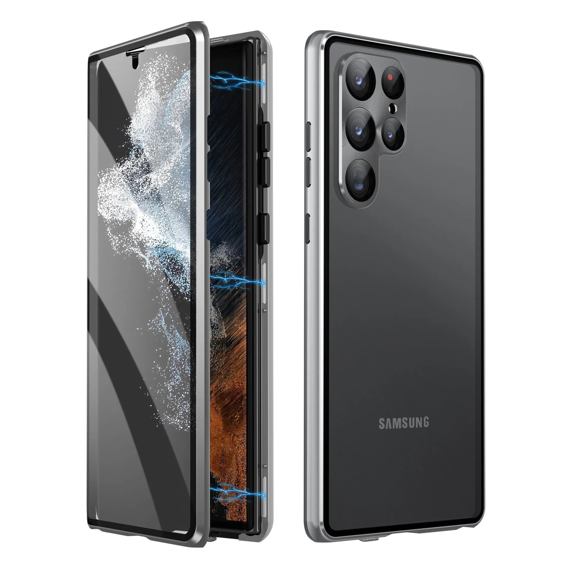 Samsung S24 Ultra magnetic phone case in multiple colours showing peep-proof mirror and metal construction.