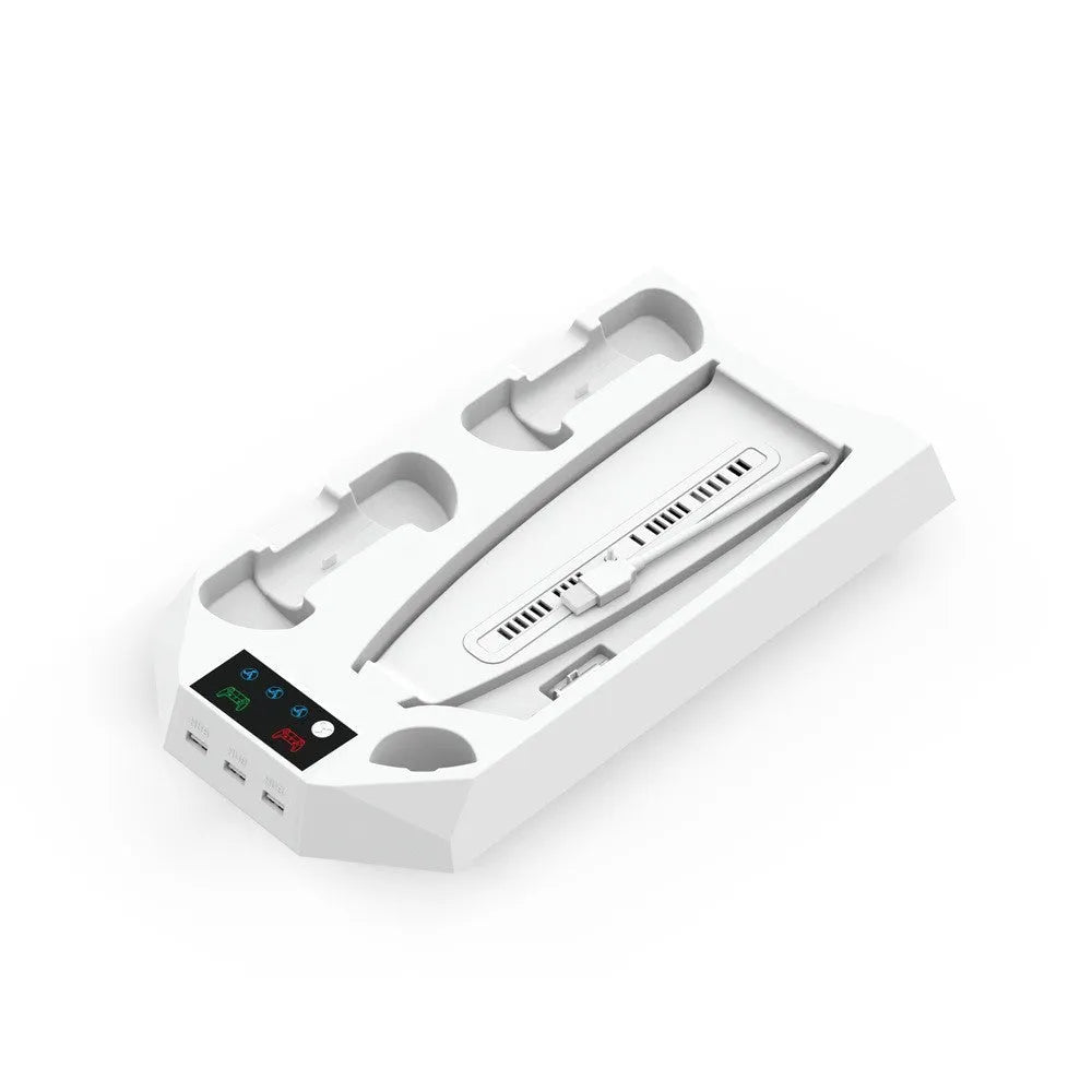 PS5 charging base radiator stand in black or white with USB port and earphone hook.