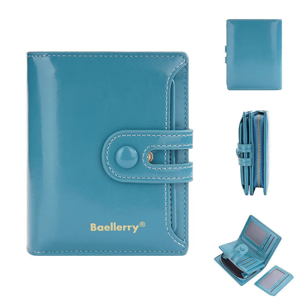 Soft PU leather card holder wallet for women shown in multiple colours with card slots.