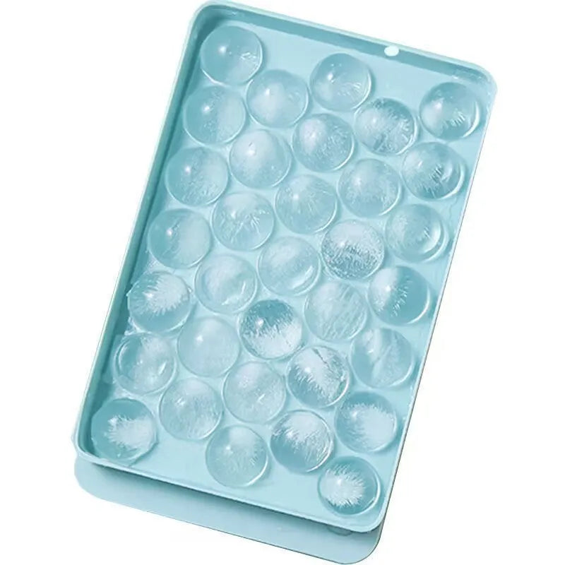 Blue 33-grid round silicone ice cube tray with lid for homemade ice