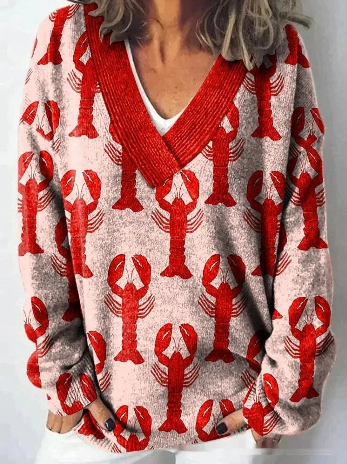 Women's V-neck long sleeve sweatshirt with a raised 3D floral pattern print in art retro style.