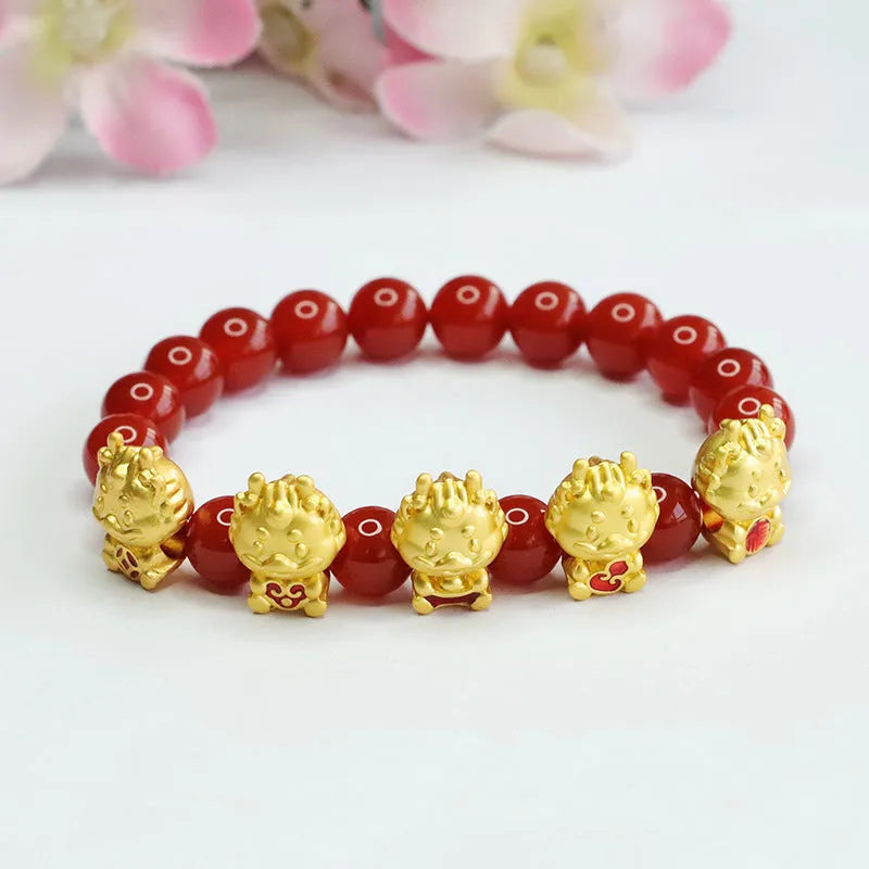 Natural red agate Chinese style bracelet with five blessing dragon design.