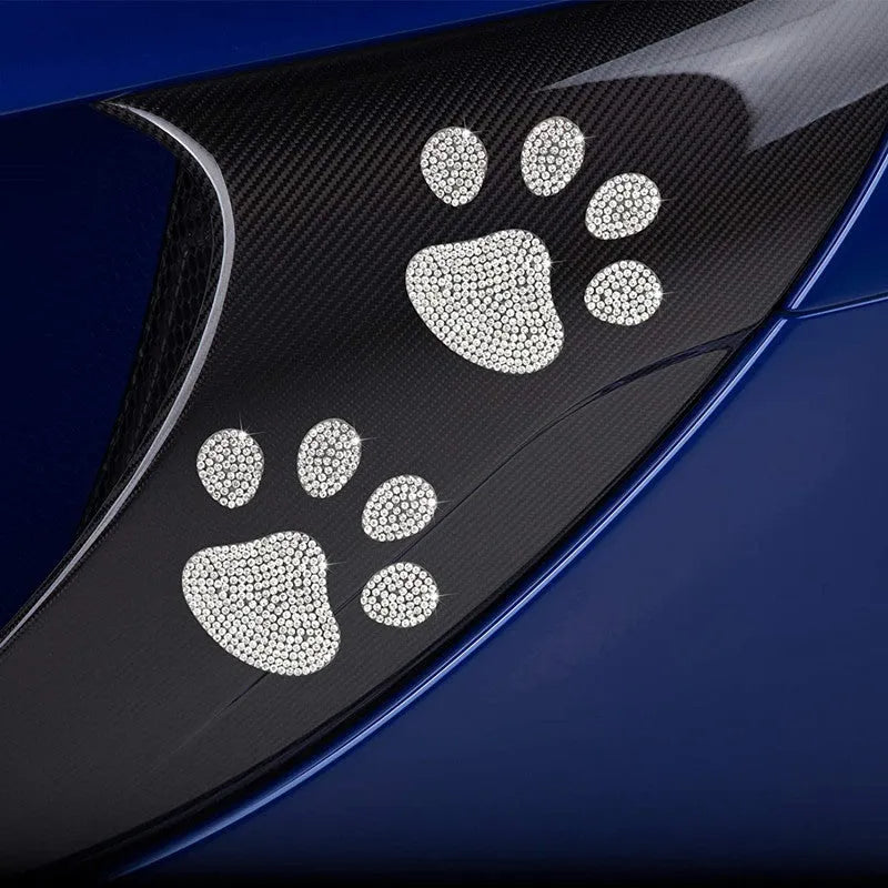 DIY glass car sticker with diamond-encrusted butterfly and bear paw design on white background