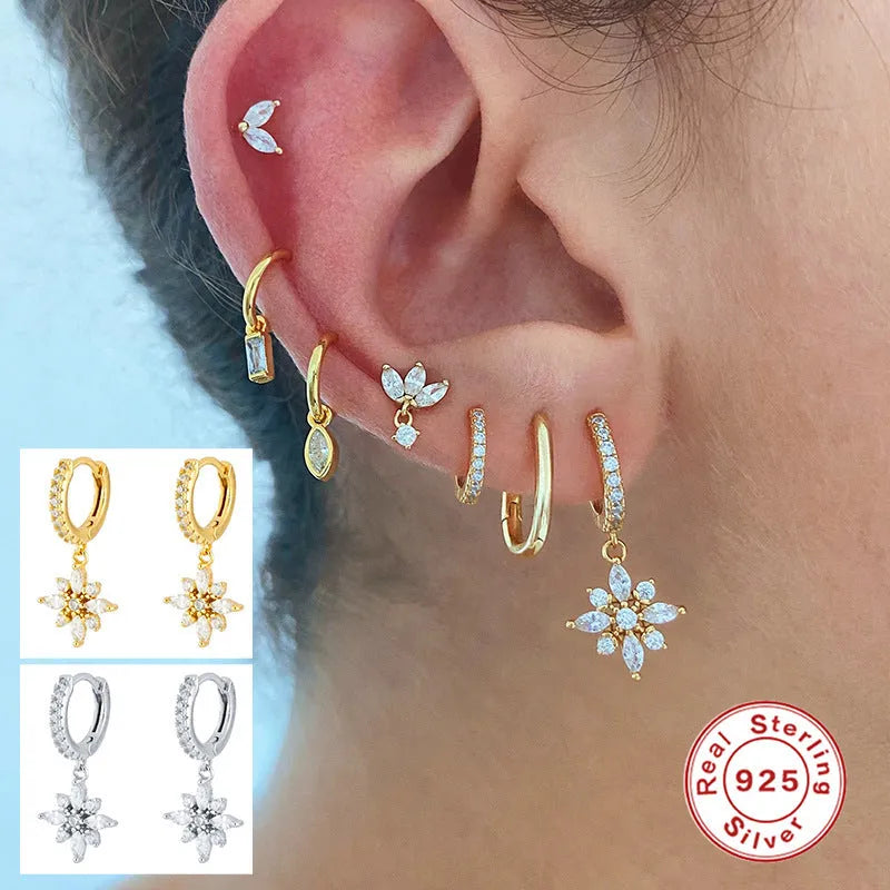 S925 sterling silver snowflake pendant earrings with geometric design in yellow gold or white gold colour finishes