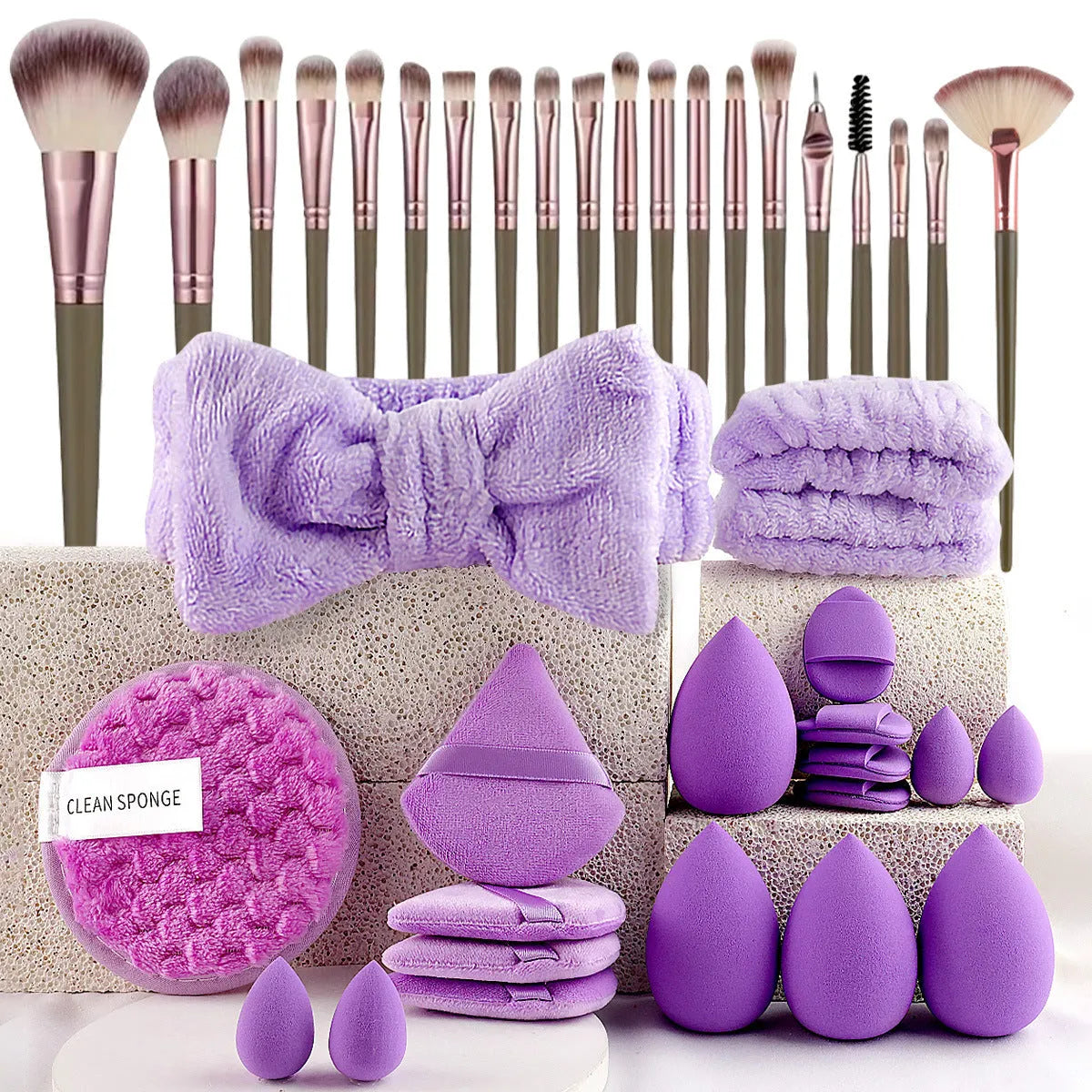 Beauty tools combination suit with hydrophilic non-latex sponge applicators in brown, pink and purple colours