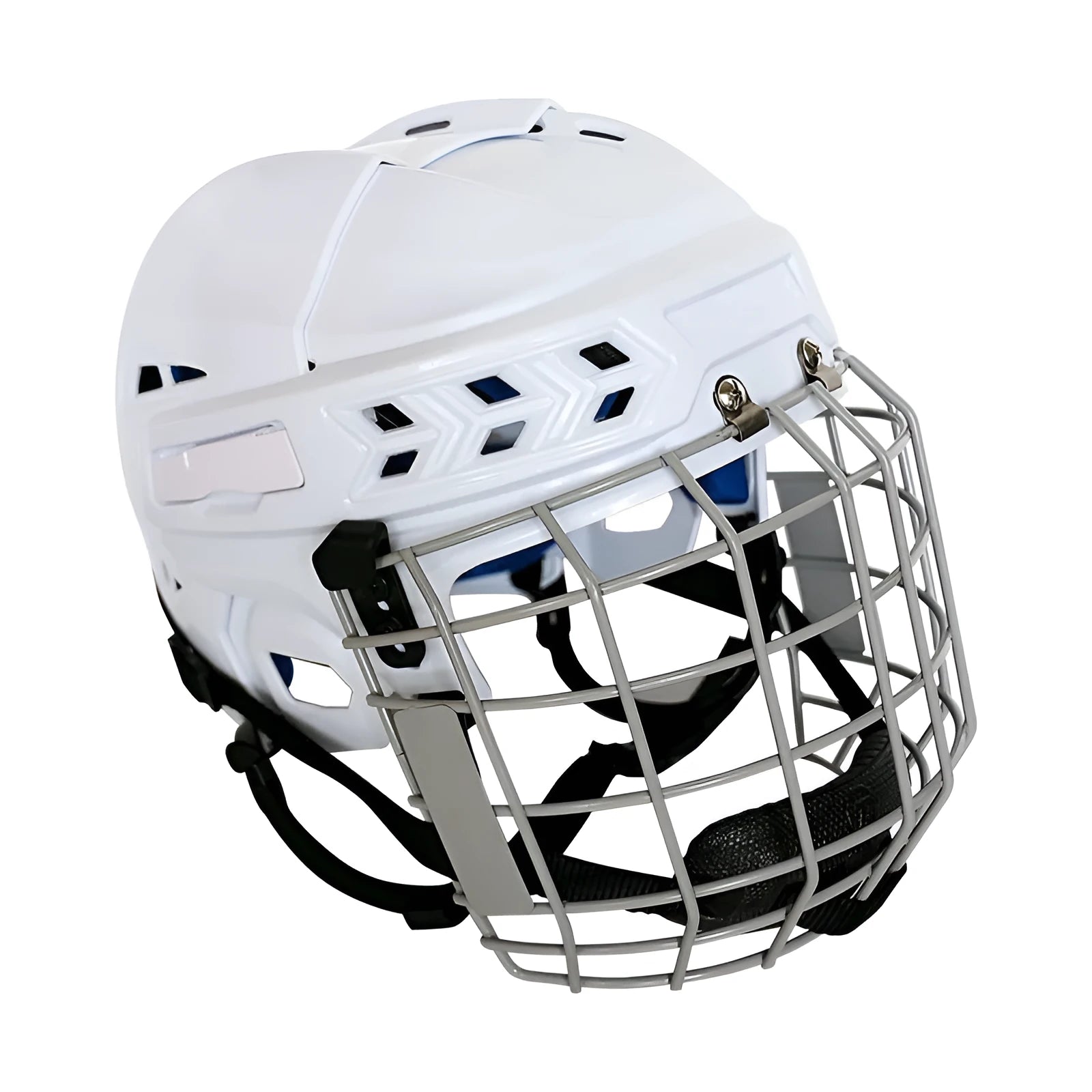 Ice hockey helmet with a carbon steel face mask shown in a size, featuring a hard white shell and cushioned black interior.