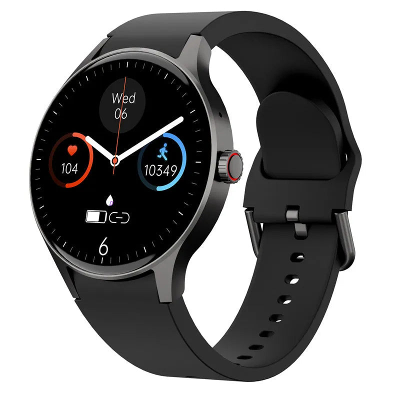 Black Bluetooth sport watch with round touch screen on wrist showing notification display