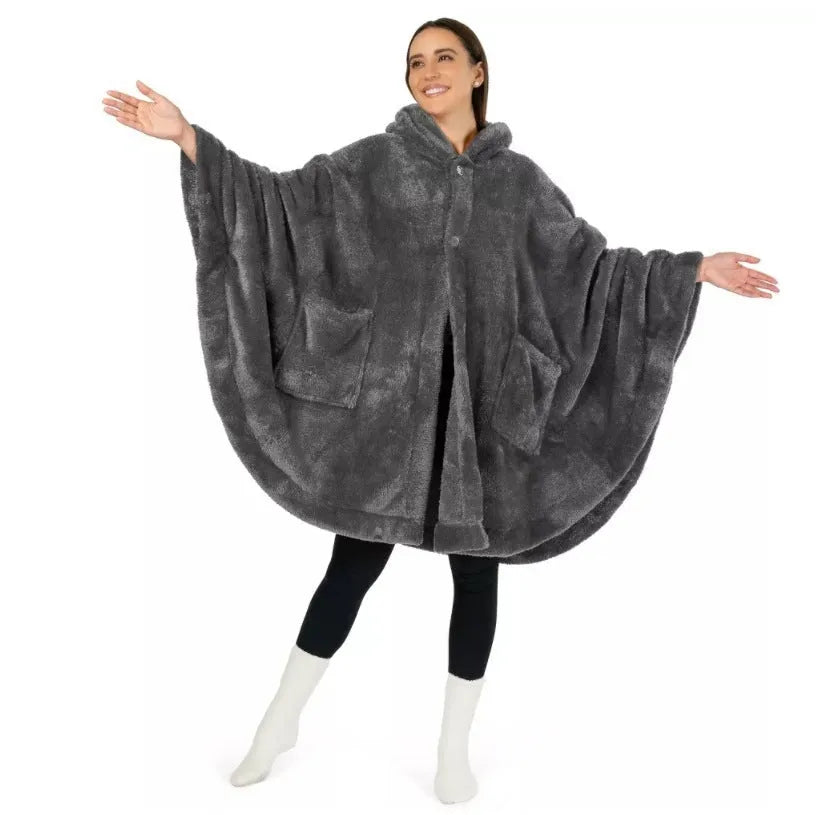 A thick, hooded long-sleeve polyester bathrobe cardigan in dark grey, shown on a hanger.