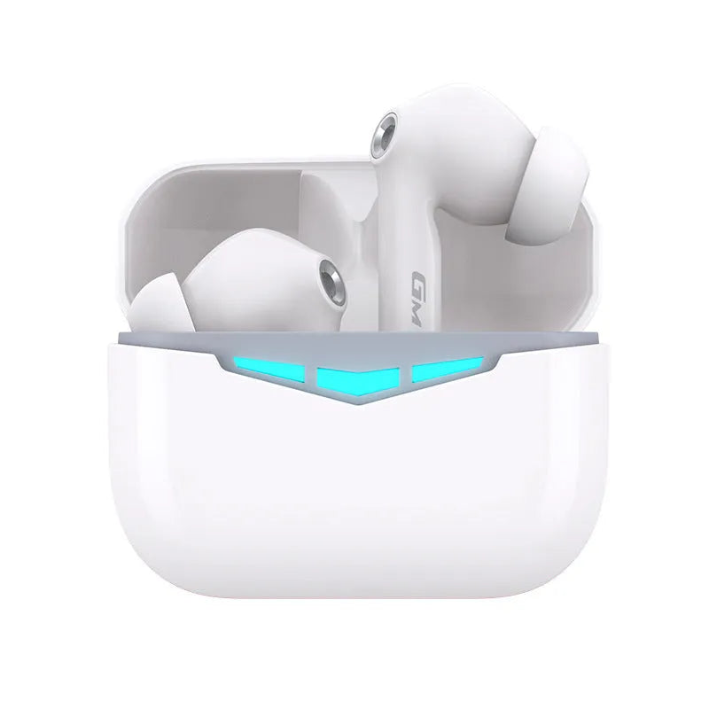 True wireless gaming Bluetooth headset earbuds in charging case with silicone ear tips.