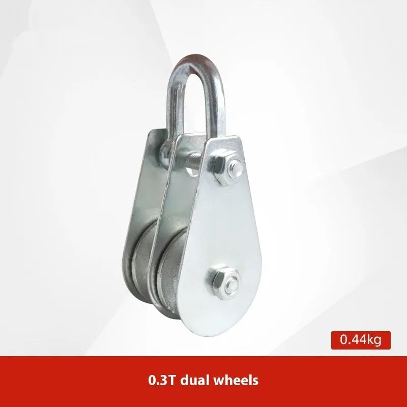 Red forged steel lifting pulley with a ring hook and safety latch for industrial general lifting applications.