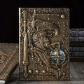 A5 leather notebook with 3D embossed warriors relief design in bronze, red bronze, silver, and multicolor colours.