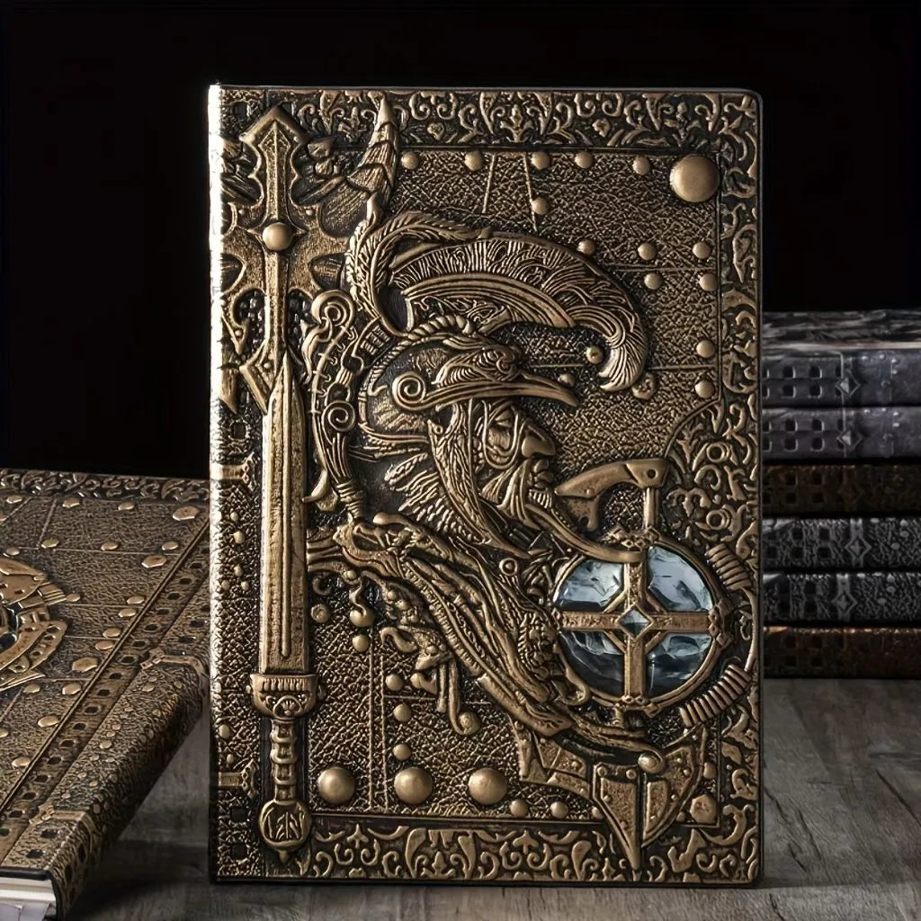 A5 leather notebook with 3D embossed warriors relief design in bronze, red bronze, silver, and multicolor colours.