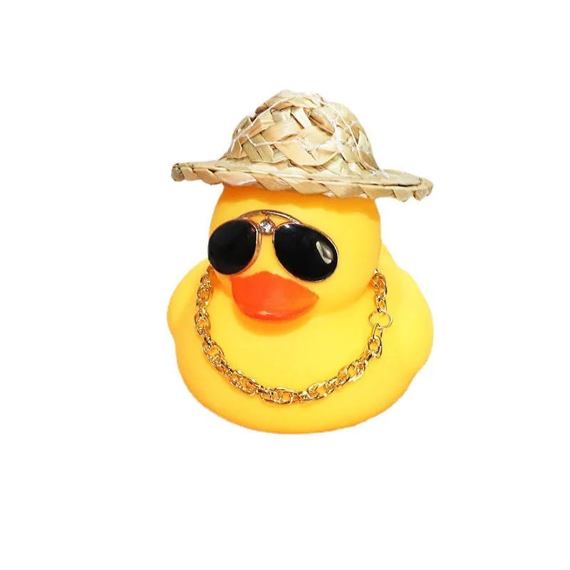 Yellow cartoon duck with straw hat car dashboard ornament with base glue and sunglasses accessory