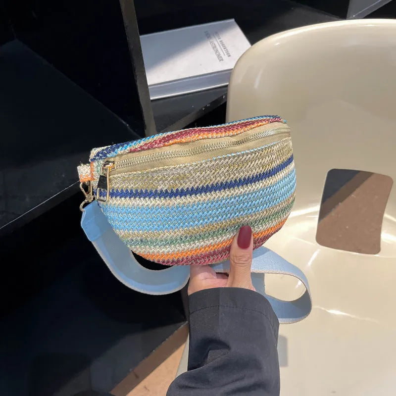 Straw woven women's beach shoulder bag with single strap in blue colour