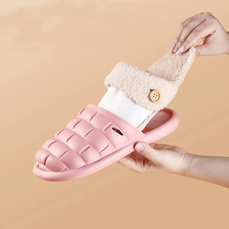 Plaid patterned detachable slippers for women with plush lining and a textured EVA anti-skid sole.