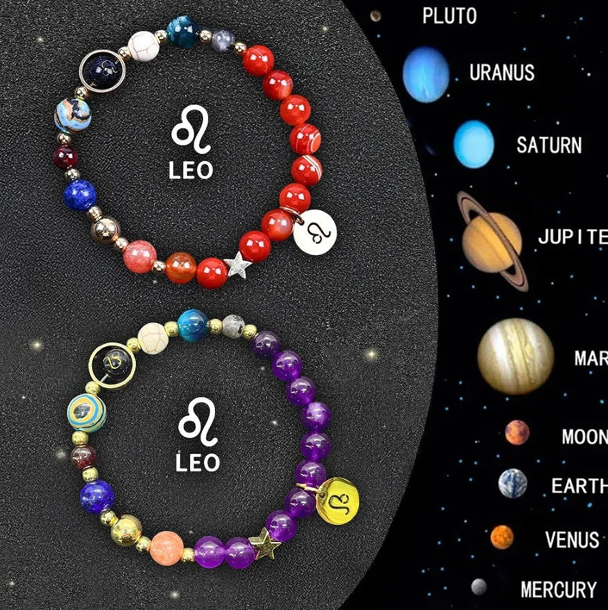 Twelve individual zodiac sign bracelets with natural stone beads and constellation charms on adjustable cords