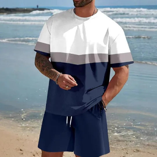 Men's loose-fit short-sleeved T-shirt and shorts set in a light colour for summer.