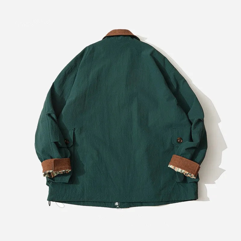 Green and apricot contrast colour casual jacket with side seam pockets on mannequin
