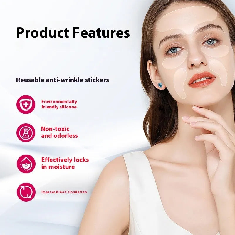 Five silicone anti-wrinkle face stickers for forehead, eyebrows, and under-eye areas