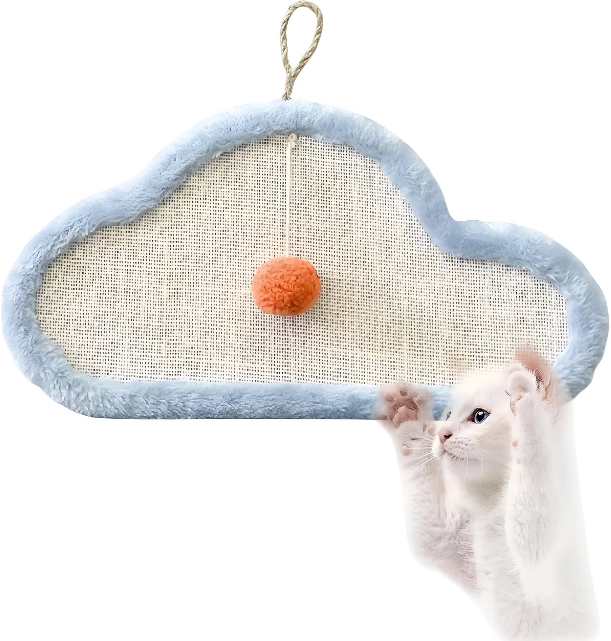 White wall-mounted cat scratching mat with cartoon sleeping cat design made from natural sisal.