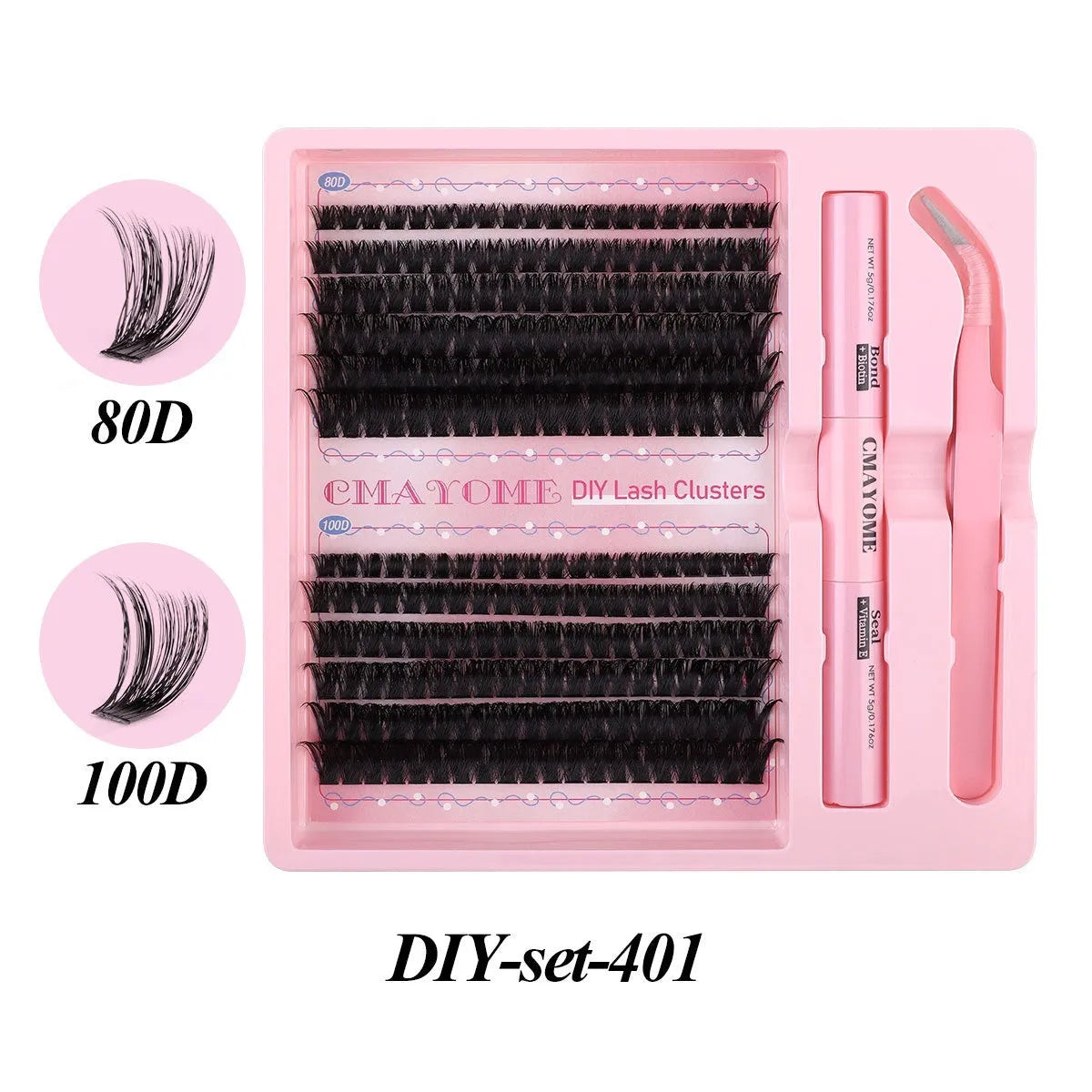 DIY single cluster false eyelashes set with four style options on a clear tray