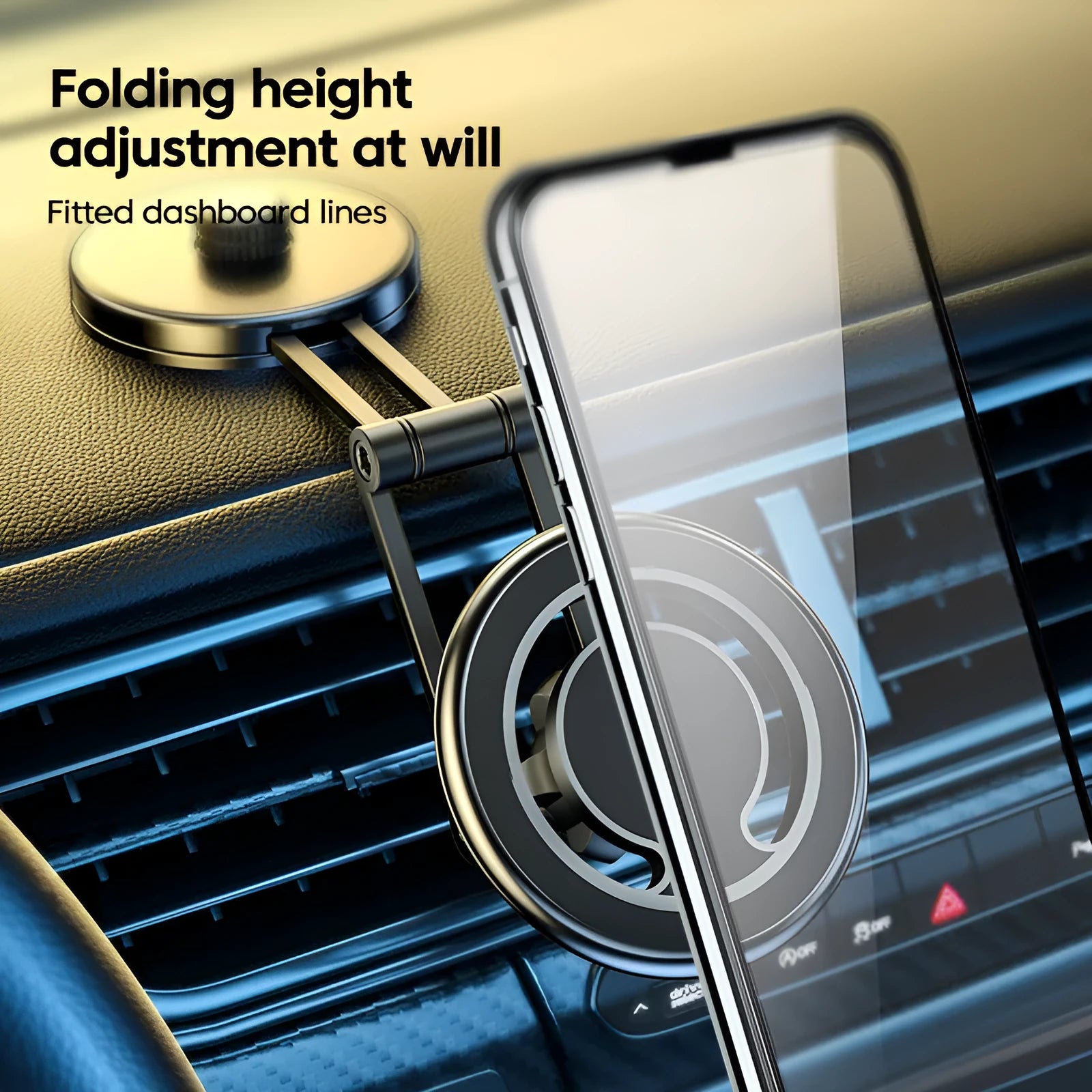 Telescopic folding car phone holder with magnetic dashboard mount in black or silver