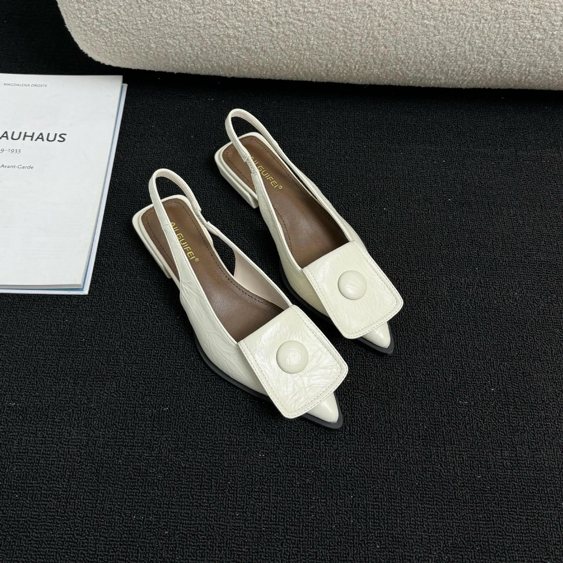 Women's low heel pointed toe sandals with back strap in apricot colour