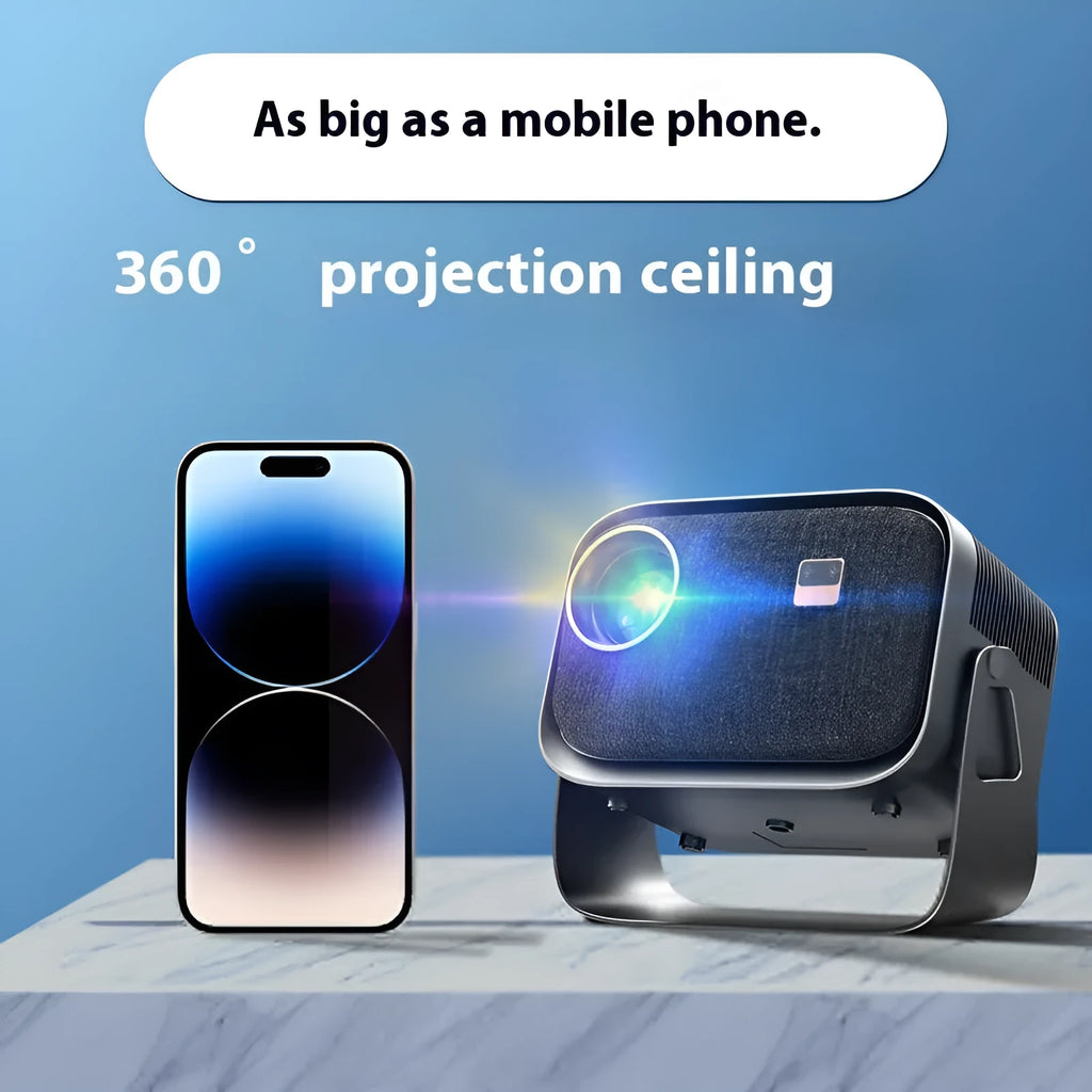 White 4K smart home theatre projector displaying content on wall with mobile phone compatibility shown